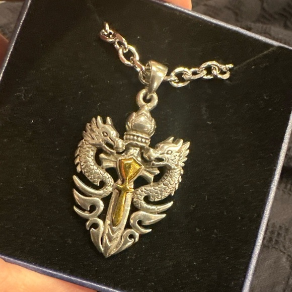 Men’s Gothic Large Dragon Sword Cross Pendant Necklace Silver Tone - Picture 1 of 5